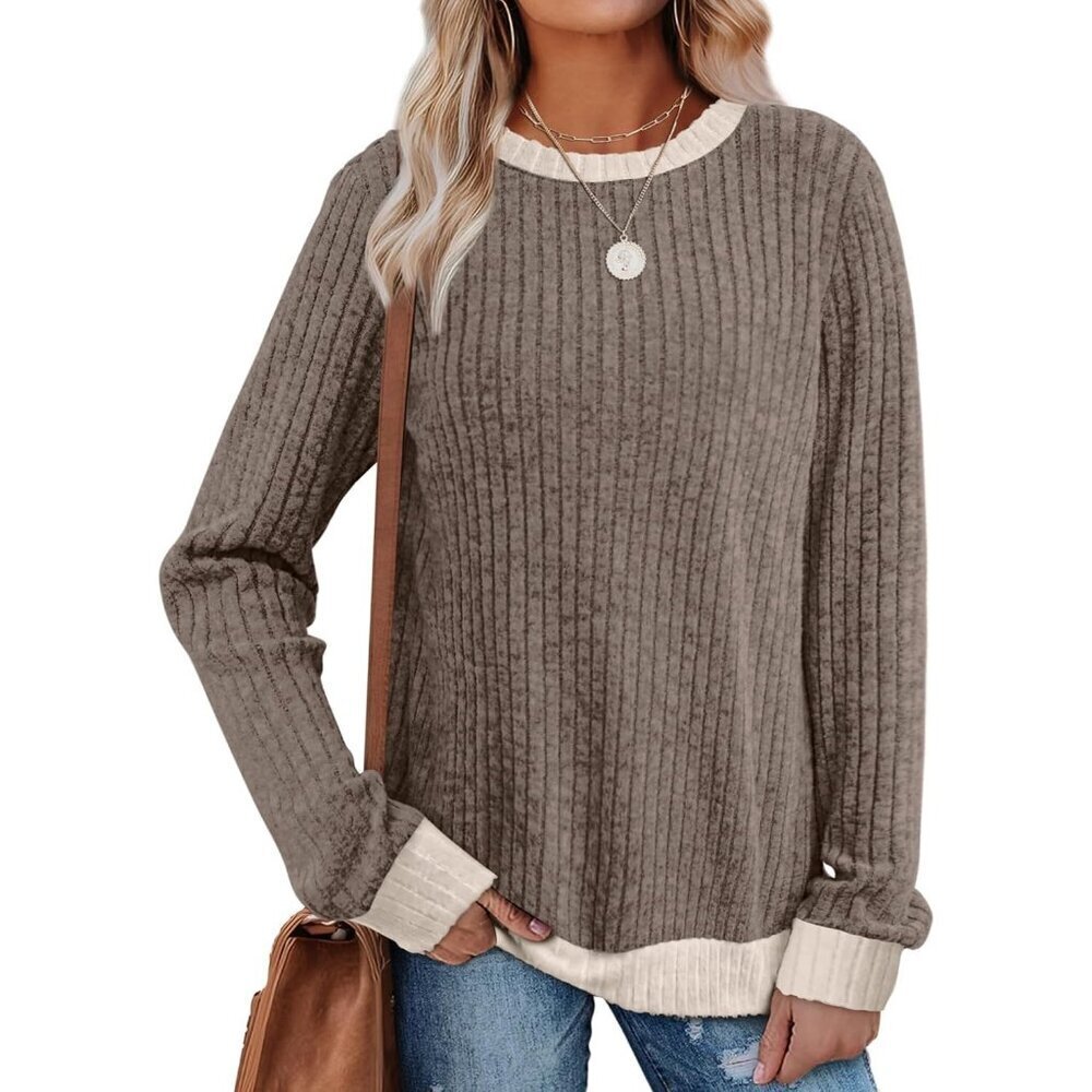 Womens Long Sleeve Tops Color Block Lightweight Sweaters Loose Fit Crewneck Fall